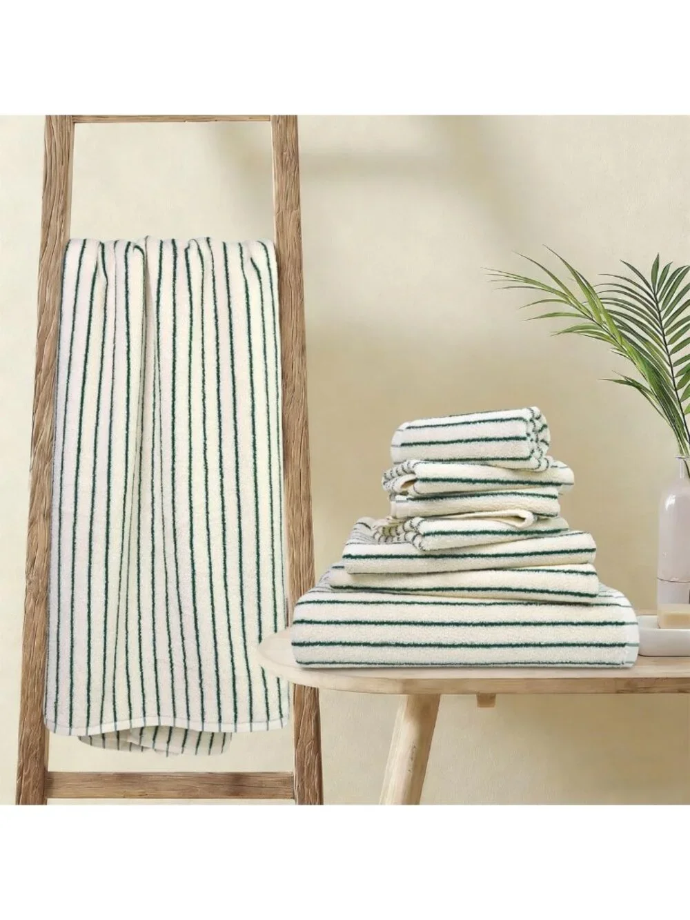 Super Soft 8-Piece Green Towel Set | Absorbent Cotton Striped Bath Towels